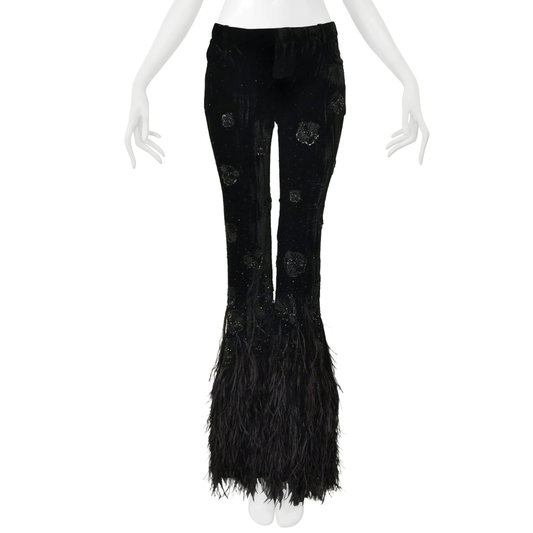 Saint Laurent AW22 Paris Black velvet and feather flare pants with intricate beading