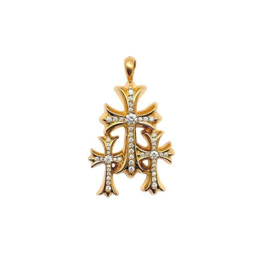 Chrome Hearts 22K Gold Triple Cross Diamonds Charm Pendant
