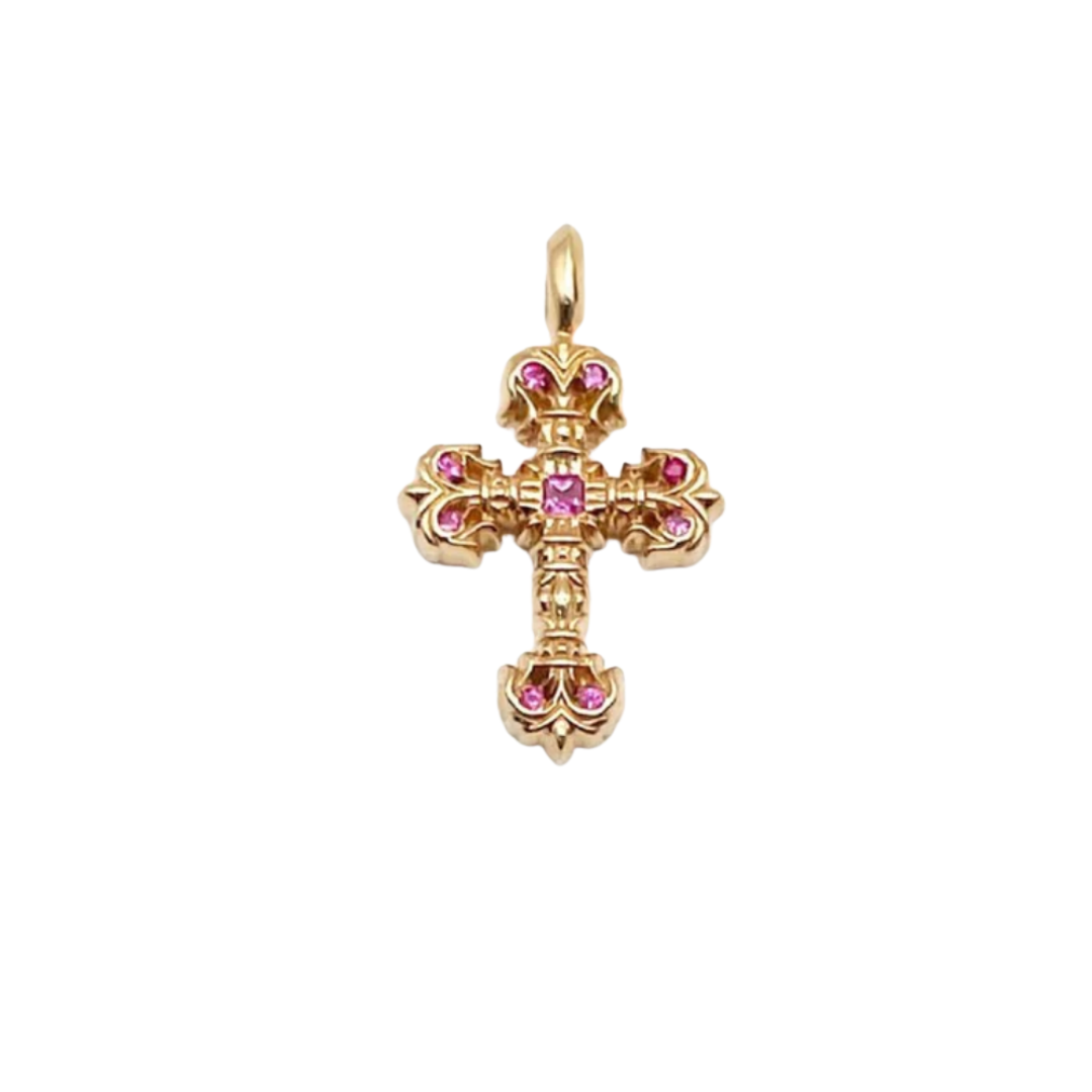 Chrome Hearts  22K Gold Pink Saph Filigree Cross Charm Pendant